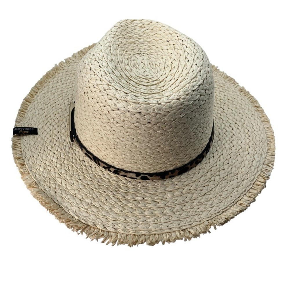 Screamer Straw Fedora Hat Leopard Print Band Frayed Brim Summer‎ Beach